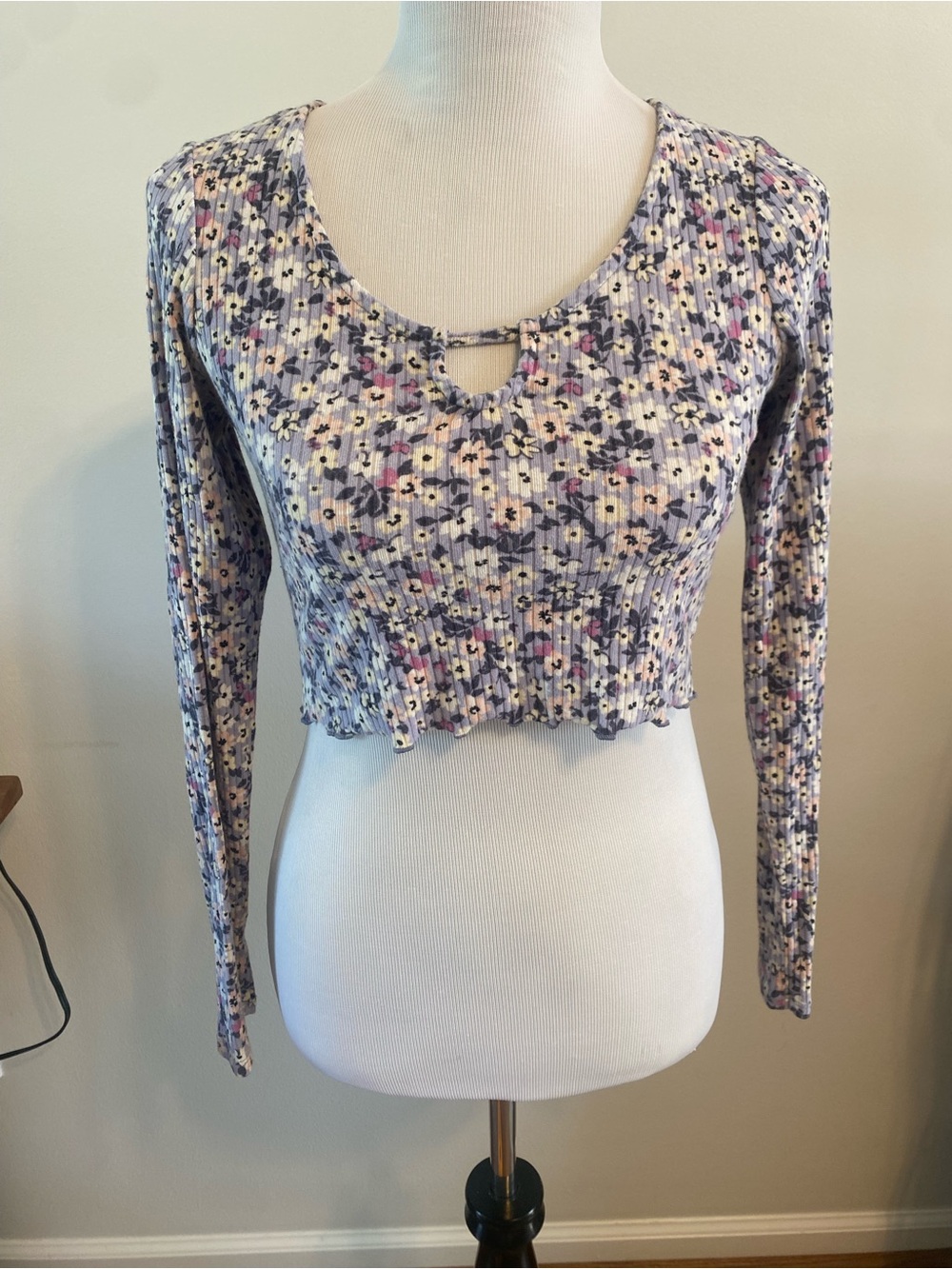 Live To Be Spoiled Floral Ribbed Crop Top Long Sleeve Purple Keyhole